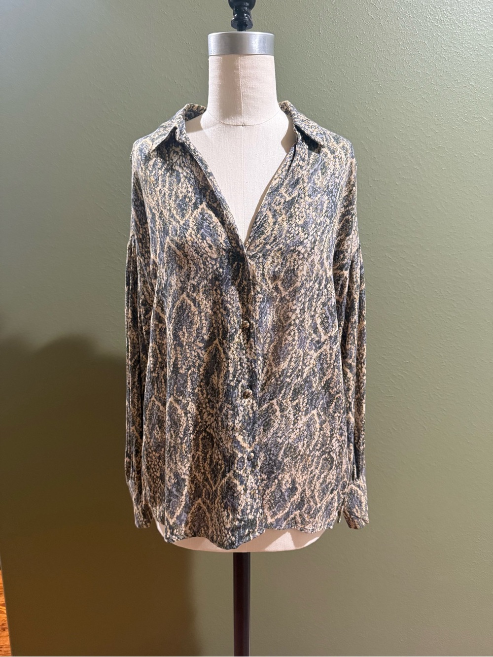 Another Love Snake-Print Button-Down Shirt in Taupe and Black
